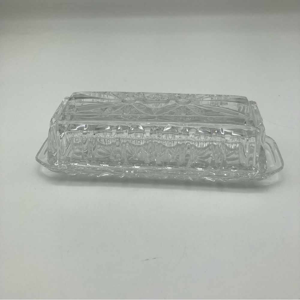Vintage glass butter dish with lid starburst pattern